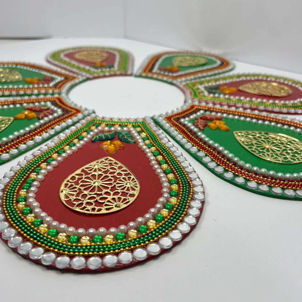 Handcrafted Rangoli Decor Set 7pc Painted Wood Diwali Art Floor or Home‎ Temple